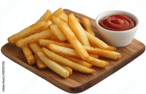 Crispy golden fries served with a small bowl of rich tomato ketchup on a wood...