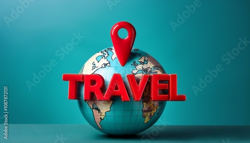 bold red travel text with a glossy location marker on top of a teal globe against a teal backdrop photo