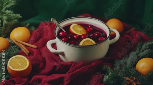 Warm holiday drink with oranges and cranberries in a pot on a colorful tablec...