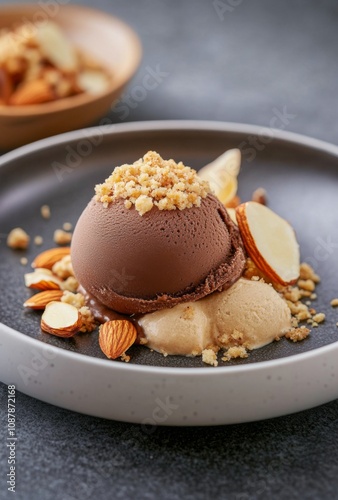 Delicious dessert with chocolate and vanilla ice cream topped with nuts on a ...