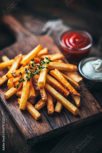 Crispy golden French fries served on wooden board with ketchup and mayonnaise...