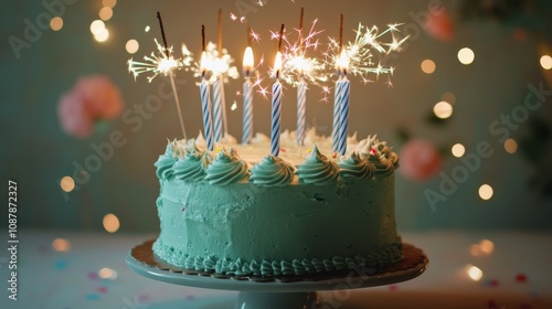 Celebratory cake with candles and sparklers during a birthday party at night