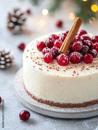 Delicious festive cheesecake topped with cranberries and cinnamon sticks duri...
