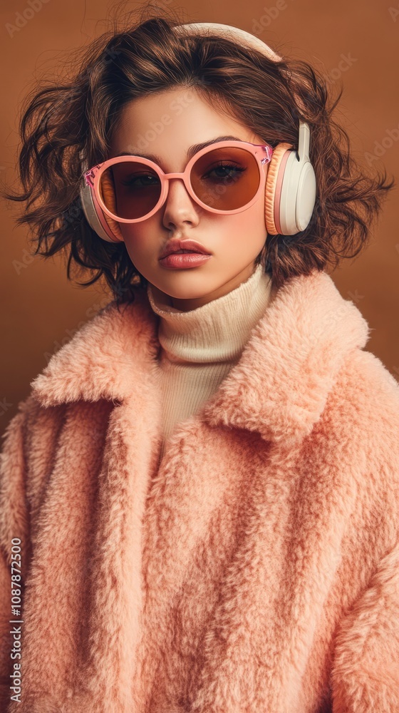 Stylish woman in beach fuzz color jacket and sunglasses with headphones on brown background Stylish woman in beach fuzz color jacket and sunglasses with headphones on brown background