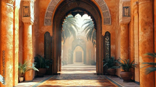 A tranquil archway leading to ornate wooden doors in a sunlit desert courtyard 4K Video