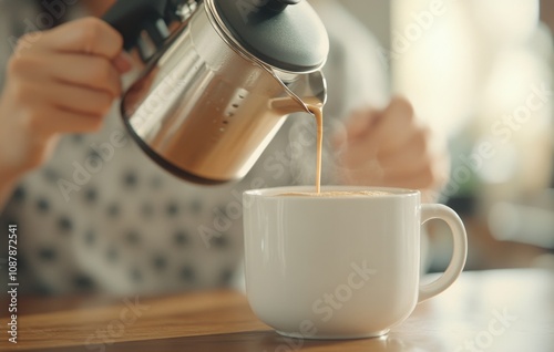 Relaxing morning routine of pouring coffee into a white mug at a cozy cafe