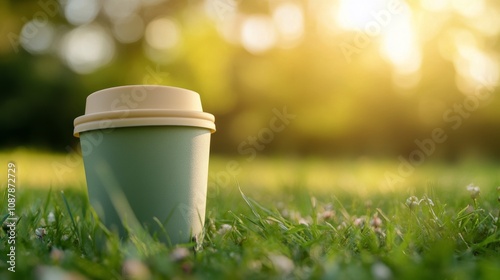 Coffee cup resting on green grass in a sunny park during a warm afternoon