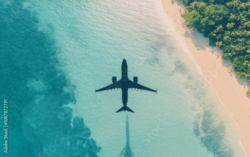 Aerial view of airplane flying over clear turquoise water and sandy beach dur...