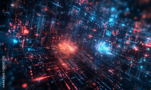 AI and society fusion, abstract digital waveforms, modern technological landscape, glowing tech