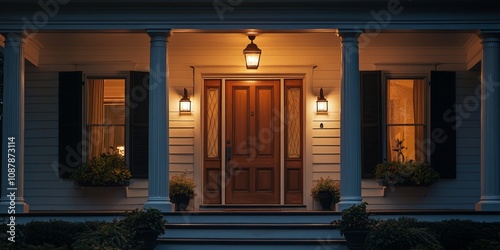 Warm glowing home entrance with inviting light and cozy atmosphere at dusk