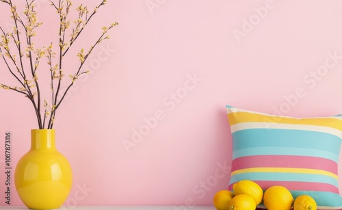 Cheerful decor with a yellow vase, flowers, striped pillow, and lemons on a p...