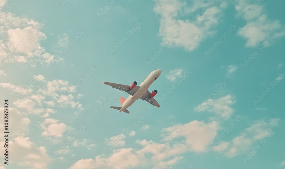 Airplane Soaring Through a Clear Sky with Fluffy Clouds - Perfect for Travel and Aviation Themes Airplane Soaring Through a Clear Sky with Fluffy Clouds - Perfect for Travel and Aviation Themes