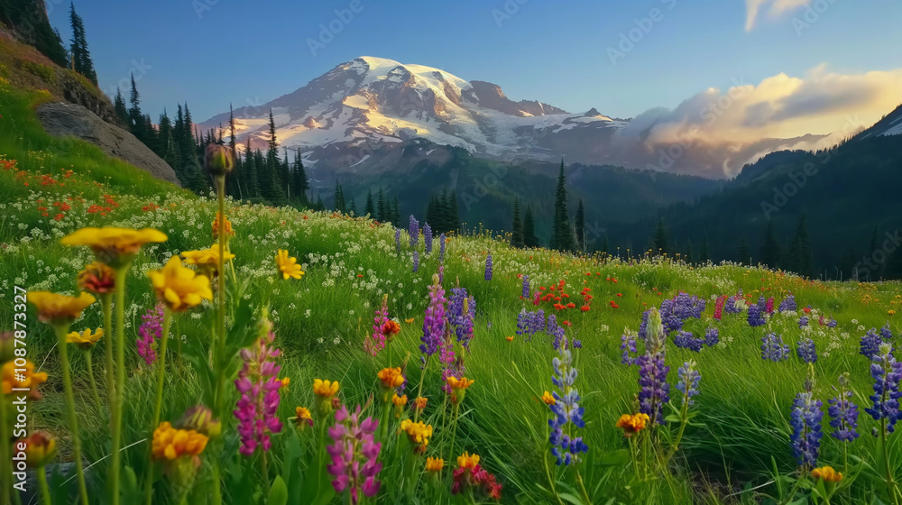 Fototapeta premium Mountains,flower,sunset,clouds,trees