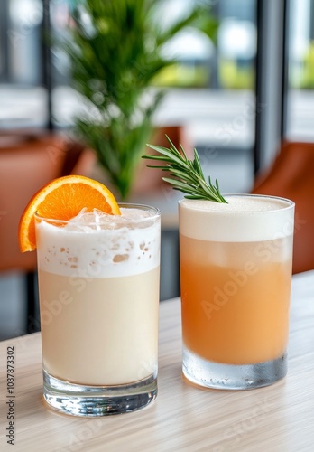 Refreshing cocktails with citrus and herbal garnish served in a stylish bar s...
