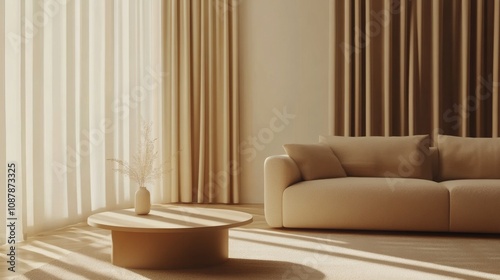 Bright and airy living room setup featuring a cozy sofa, plants, and warm sun...