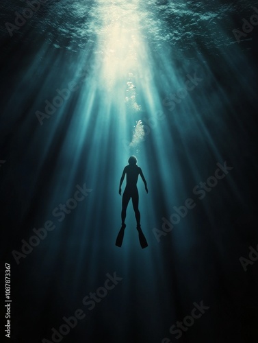 A lone diver explores the mysterious depths of ocean water with sunlight stre...