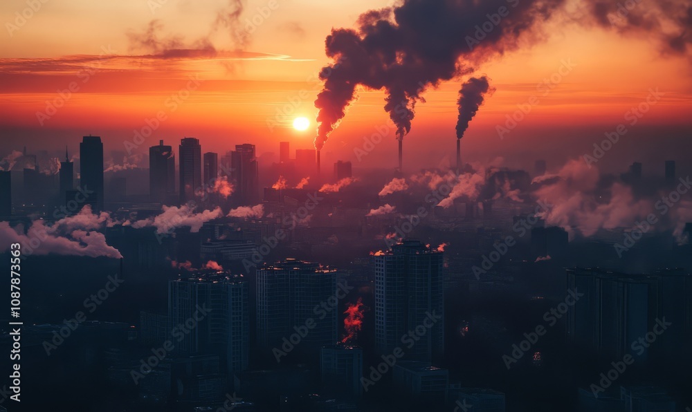 Obraz premium Atmospheric Cityscape Reflects the Impact of Fossil Fuel Combustion and Environmental Degradation