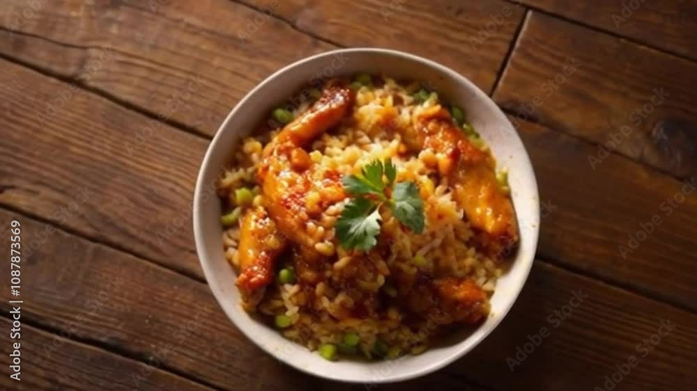 4K Overhead Shot of Spicy Chicken with Rice and Peas on Rustic Wooden Table 4K Overhead Shot of Spicy Chicken with Rice and Peas on Rustic Wooden Table