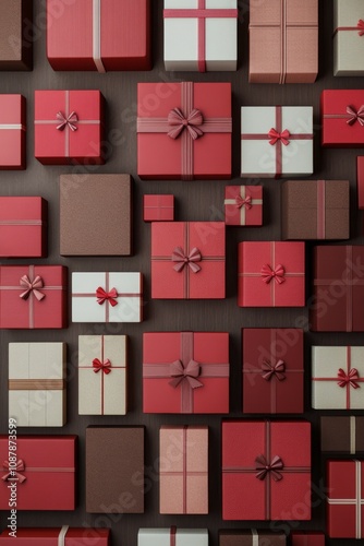 Colorful collection of wrapped gifts arranged on a wall in various shades of ...