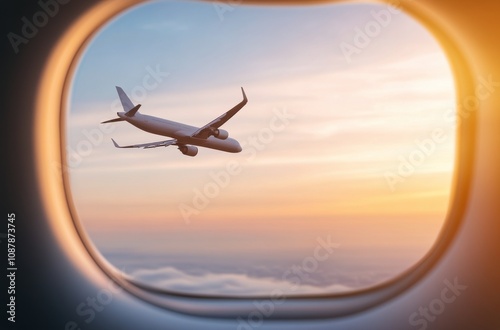 Airplane flying at sunset as seen through a window during a journey