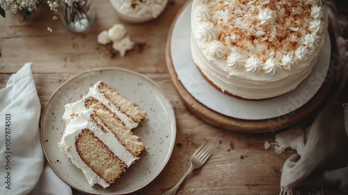 Delicious layered cake with cream and toppings surrounded by decorative eleme...