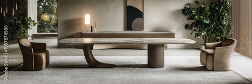 Modern dining room with elegant round table and stylish chairs in a contempor...