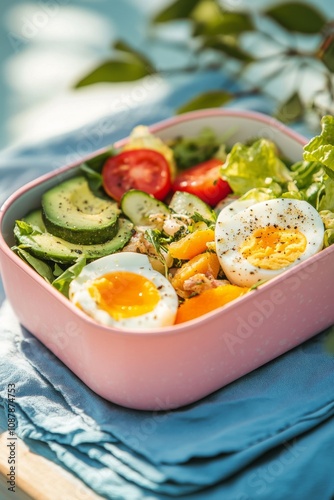 Healthy salad bowl with fresh vegetables and poached eggs on a sunny day picn...