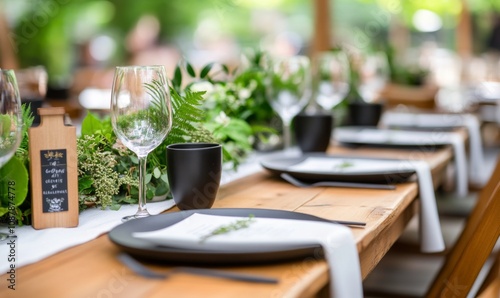 Elegant outdoor table setting with greenery and fine dining elements for a sp...