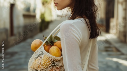 A woman with curly hair carries a mesh bag filled with fresh bread and fruits...