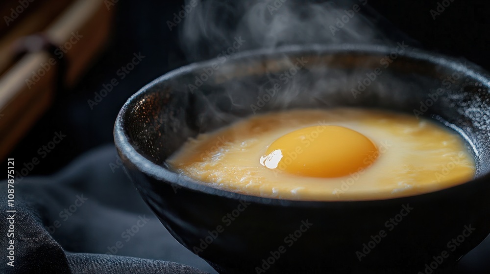 Close-up of creamy steamed egg in a traditional bowl, with subtle steam rising, elegantly styled for a high-quality food commercial poster Close-up of creamy steamed egg in a traditional bowl, with subtle steam rising, elegantly styled for a high-quality food commercial poster