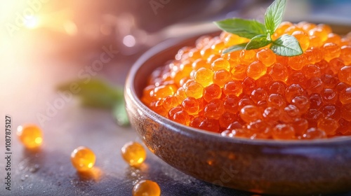 Close-up of vibrant orange caviar served on a fine plate, with soft lighting and refined decor, ideal for a premium food commercial poster photo