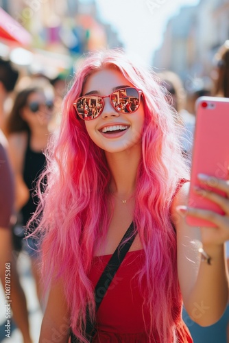 Young woman with pink hair takes a selfie in a crowded city street during a s...
