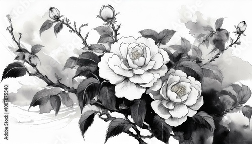 roses isolated on a white background depicted in ink and watercolor showcasing traditional oriental art in a monochrome style photo