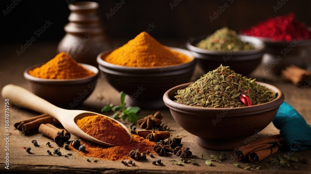 An assortment of spices in bowls with a wooden spoon, cinnamon sticks, peppercorns, and star anise on a rustic wooden table. An assortment of spices in bowls with a wooden spoon, cinnamon sticks, peppercorns, and star anise on a rustic wooden table.
