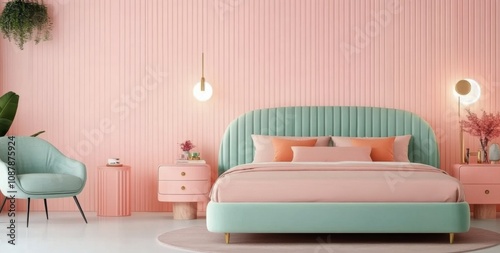 Modern bedroom design featuring pastel colors, plants, and minimalist furnitu...