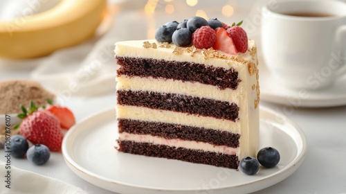 Deliciously layered chocolate cake with berries on a white plate in a bright ...