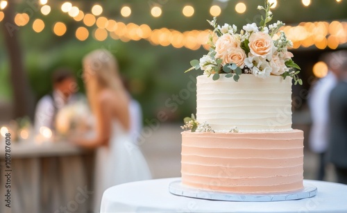 Wedding cake with floral decorations at an evening celebration outdoors