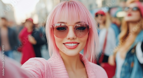 Young woman with pink hair takes a cheerful selfie in a vibrant outdoor city ...