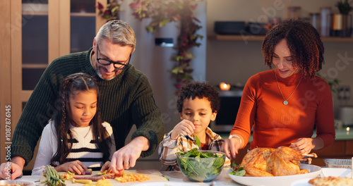 Happy family, helping and children in cooking for thanksgiving event, food and festive holiday. People, interracial parents and happiness for dinner party, meal prep and gathering in home for bonding