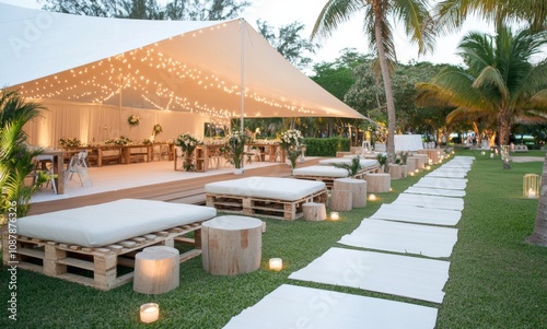 Elegant outdoor wedding reception with cozy seating and twinkling lights at dusk