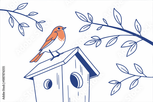 A bird sitting on top of birdhouse silhouette line art vector illustration