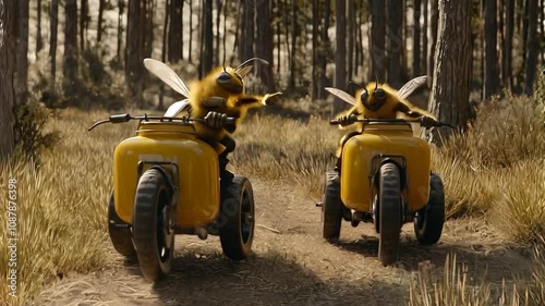 Two steampunk cartoon bees on scooters in a summer forest