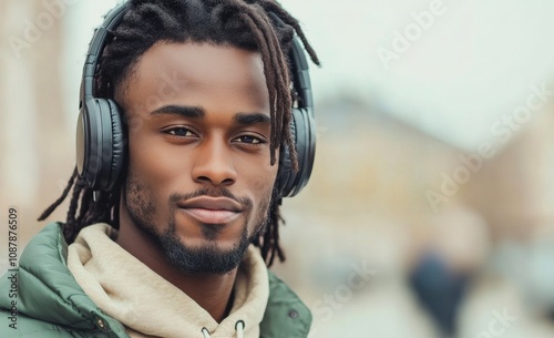 Young man wearing headphones enjoys music outdoors on a cloudy day in an urba...
