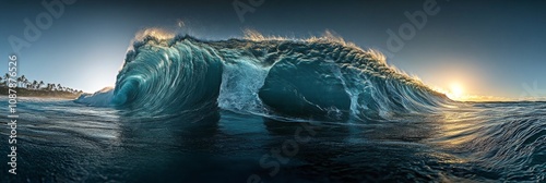 Majestic ocean wave crashing at sunset near tropical shoreline