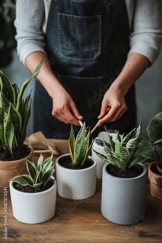 Woman caring for houseplants in a bright indoor garden during a sunny afternoon
