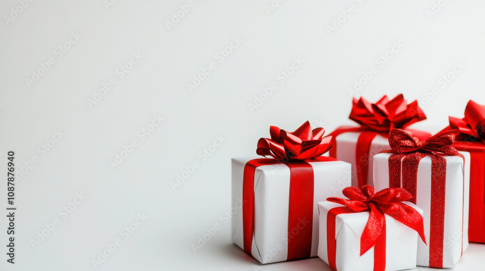 Fototapeta premium Elegant holiday gift boxes with red ribbons on minimalist white background