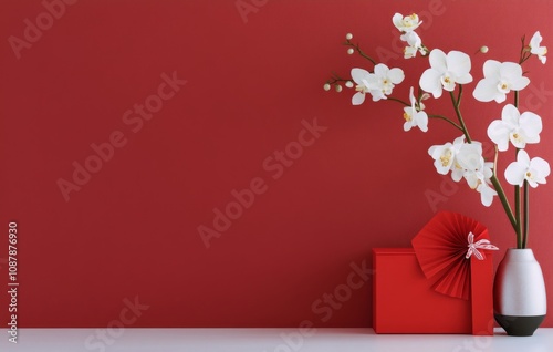 Festive decoration with red fan, gift box, and cherry blossoms on light blue ...