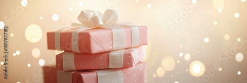 Pink gift boxes decorated with ribbons against a soft bokeh background for ce...