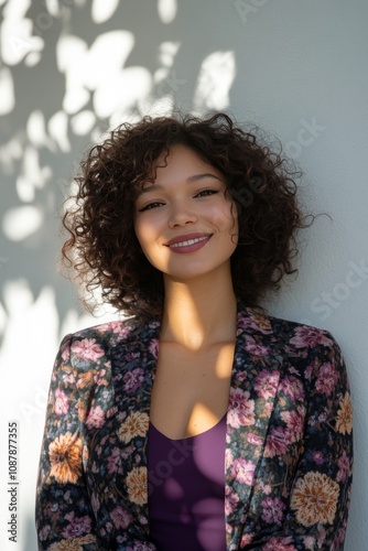 Cheerful woman with curly hair wearing floral shawl enjoying a sunny day outd...