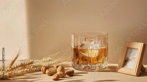 A glass of whiskey with ice and peanuts on a warm, neutral toned table in sof...